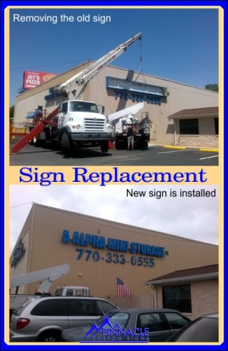 Before and after images of a sign replacement at Alpha Mini Storage by Pinnacle Custom Signs. The top photo shows workers using a crane to remove the old sign, with clear blue skies in the background. The bottom photo displays the new sign, prominently featuring bold blue letters on the front of the building, enhancing visibility and curb appeal.