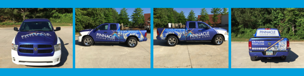 Blue Vehicle Wrap on Pinnacle Dodge Truck