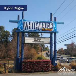 Pylon Sign for White Water Six Flags with an attached marquee sign for special messages.