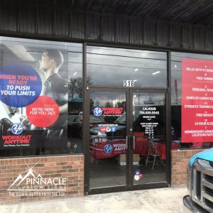 Window graphics for Workout Anytime in Calhoun, GA