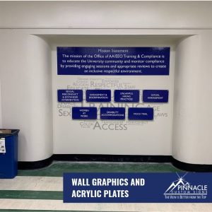 Acrylic signs and wall wraps make this area stand out