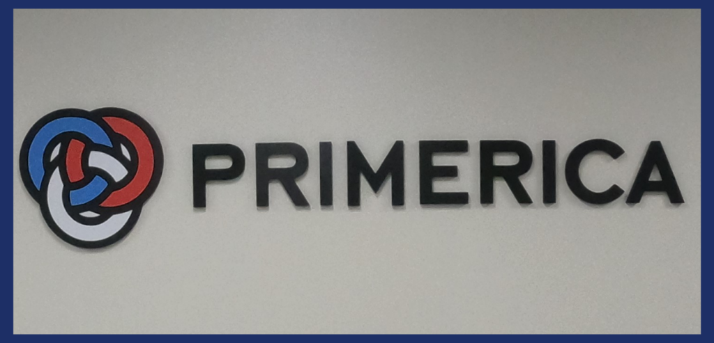 Primerica logo, A lobby sign in Tucker GA